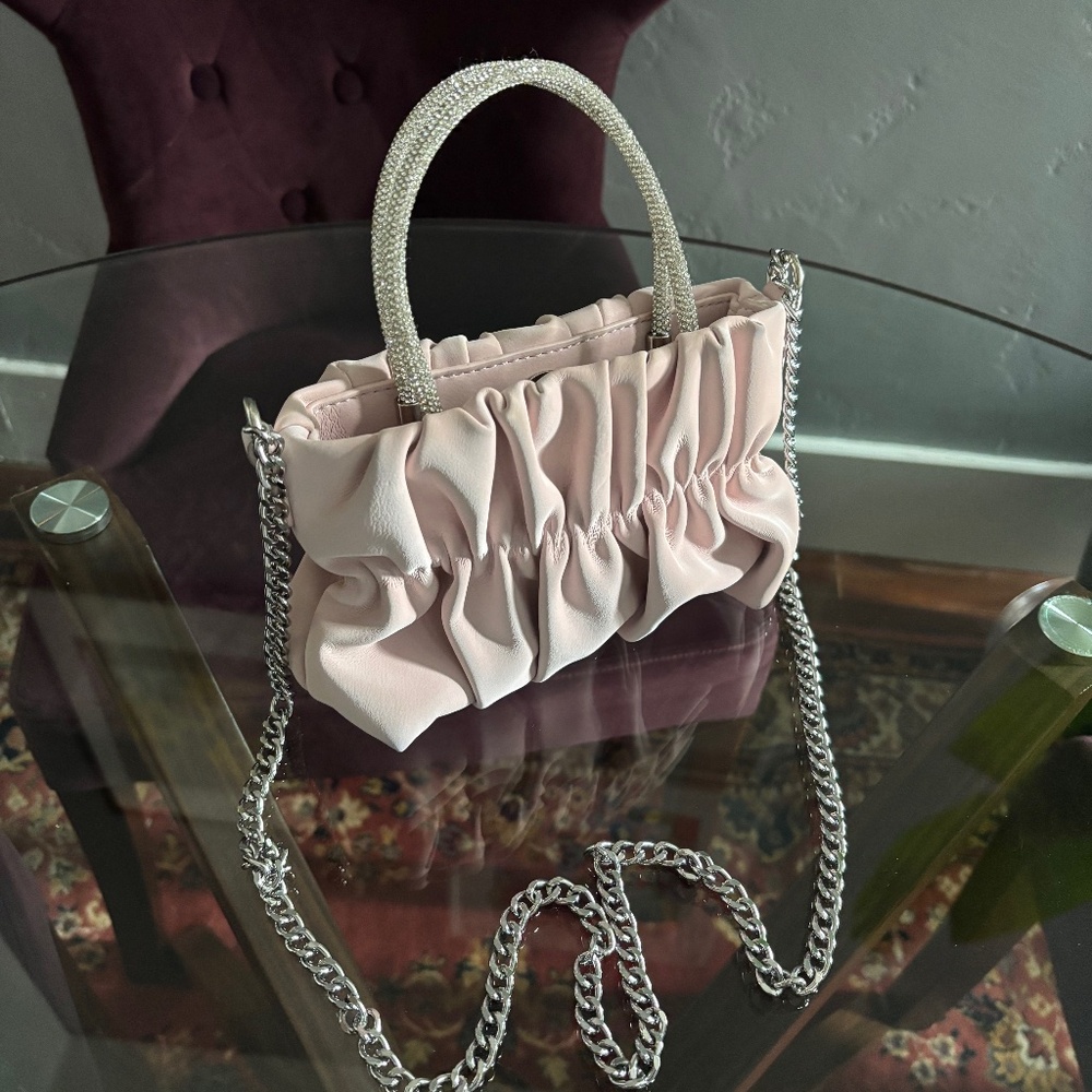 Ruched Mini Evening bag - rhinestone handle & synthetic suede material